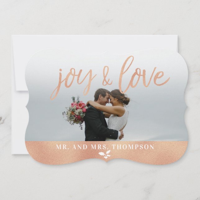 Joy and Love Christmas Holiday Rose Gold Card (Front)