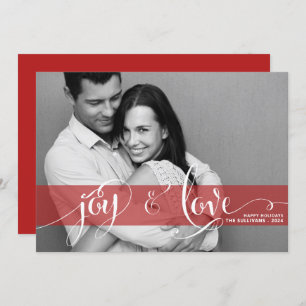 Joy and Love Rustic Script Red Chistmas Photo Holiday Card