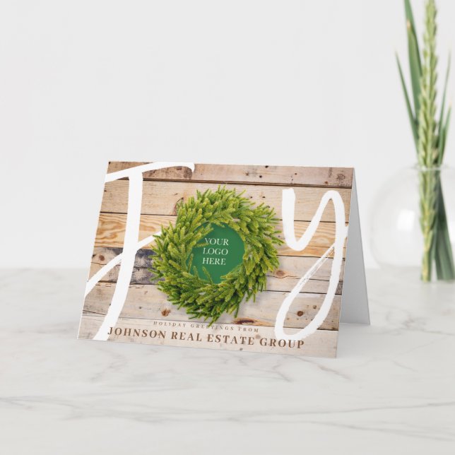 Joy and Pine Wood with Logo Business Holiday Card (Front)
