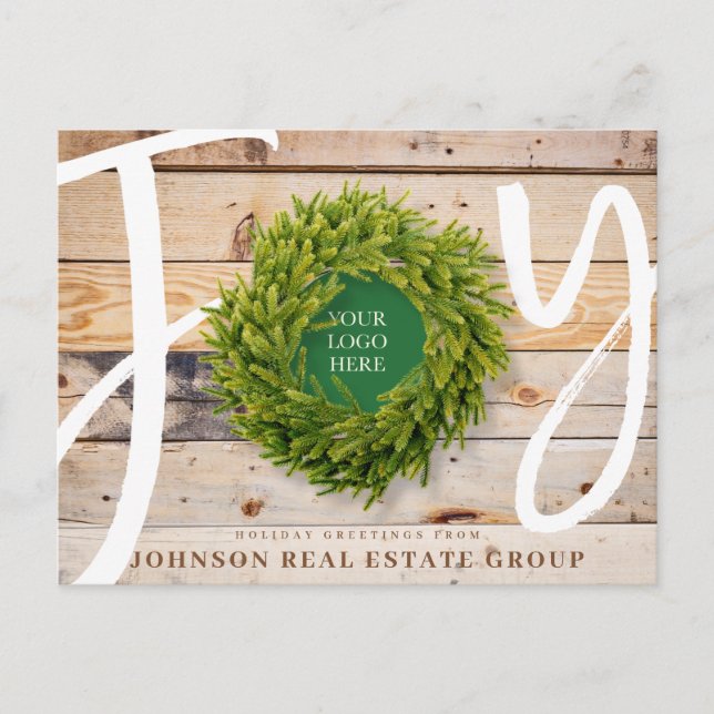 Joy and Pine Wood with Logo Business Holiday Postcard (Front)
