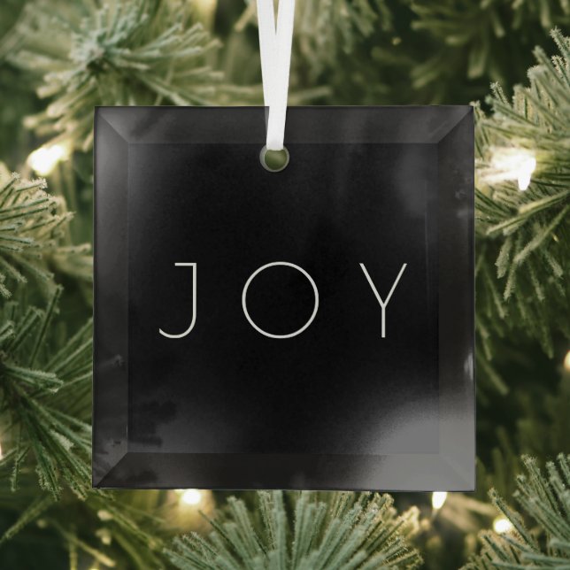 Joy Black And White Modern Minimalist Typography Glass Ornament (Insitu)