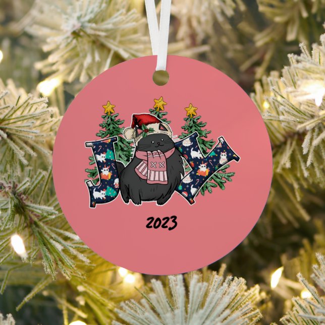 Joy Black Cat Christmas Metal Ornament (Insitu)