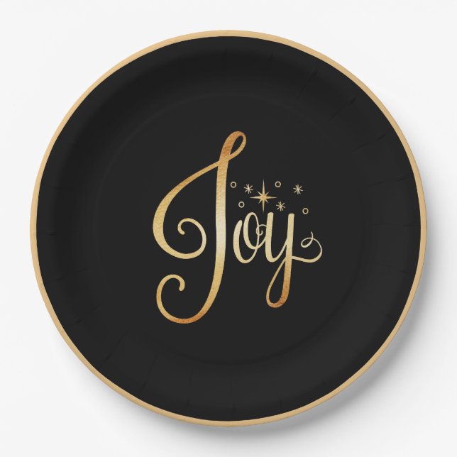 “Joy” Black Gold Script Elegant Holiday Paper Plate (Front)