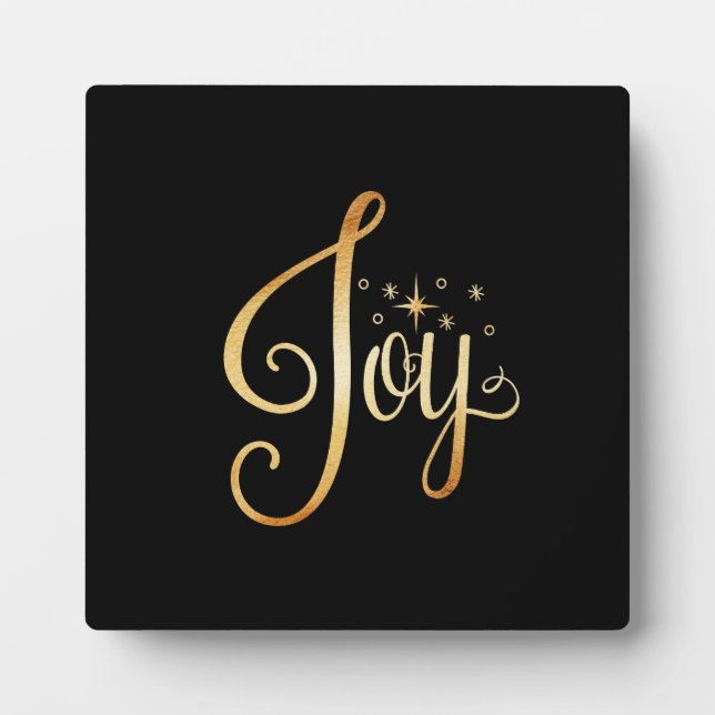 “Joy” Black Gold Script Elegant Holiday Plaque (Front)