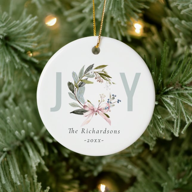Joy Blush Blue Green Winter Christmas Wreath Photo Ceramic Ornament (Tree)