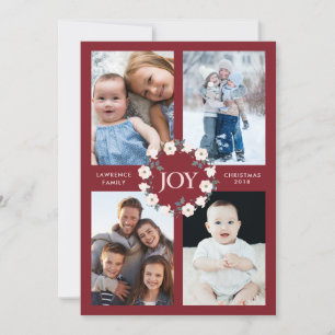 Joy Blush Burgundy Floral Wreath Christmas 4 Photo Holiday Card