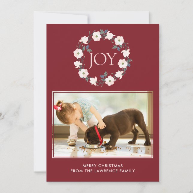 Joy Blush Burgundy Floral Wreath Christmas Photo Holiday Card (Front)