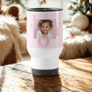 JOY Blush Pink Modern Christmas Personalized Travel Mug