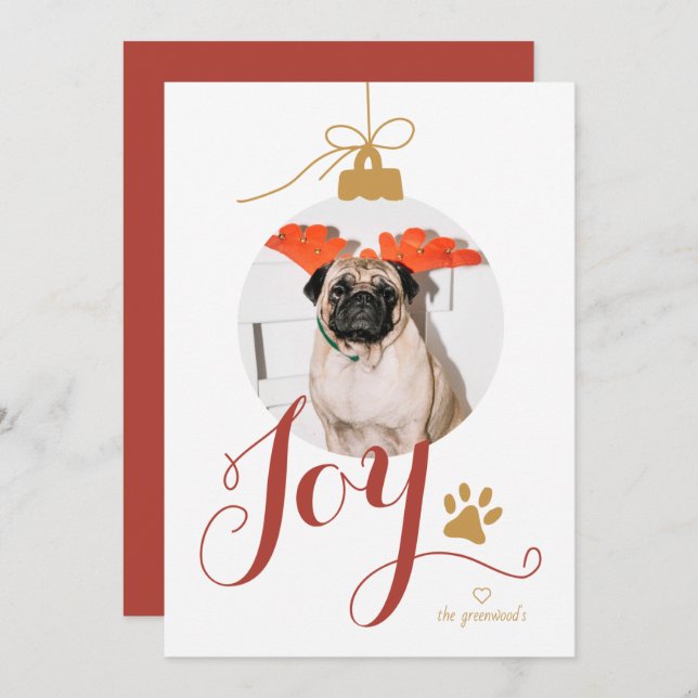 Joy Boho Pet Photo Ornament Holiday Card (Front/Back)