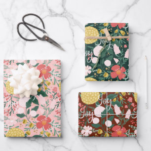 Joy Botanical Floral Festive Garden Pattern Pink Wrapping Paper Sheet