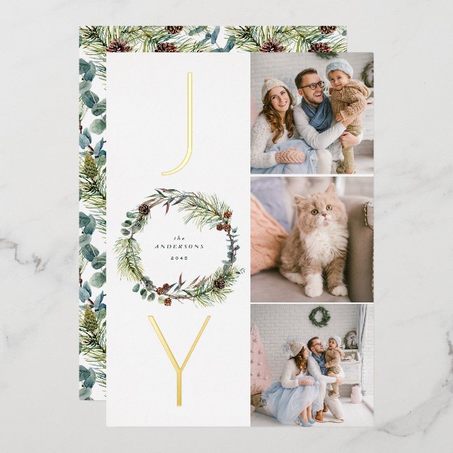 JOY Botanical Pine Wreath Photo Collage Christmas  Foil Holiday Card (Front/Back)