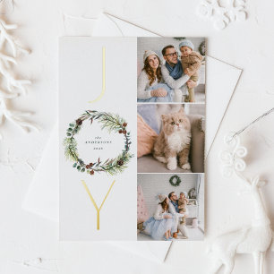 JOY Botanical Pine Wreath Photo Collage Christmas Foil Holiday Postcard