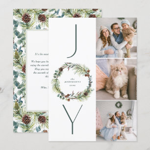 JOY Botanical Pine Wreath Photo Collage Christmas  Holiday Card