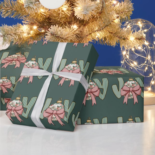 Joy Bow and Ornament Preppy Christmas Holiday Wrapping Paper (Holidays)