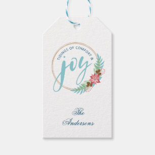 Joy Calligraphy   Christmas Wreath Poinsettia Gift Tags