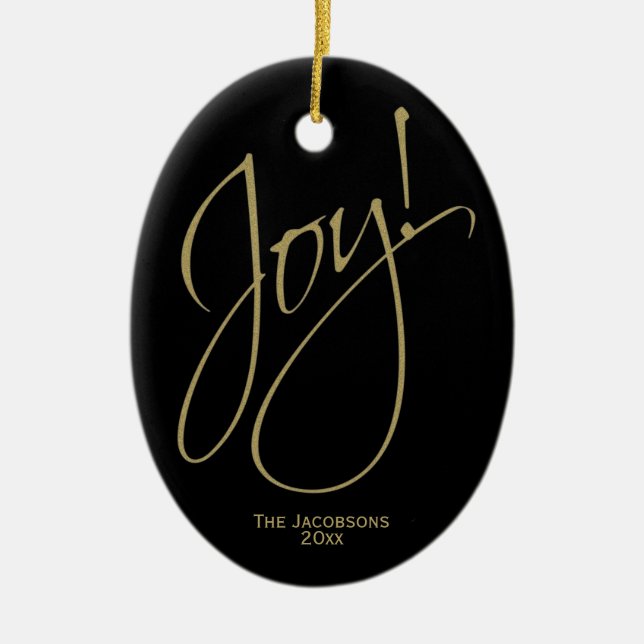 Joy! Chic Minimal Black & Gold Christmas Photo Ceramic Ornament (Front)