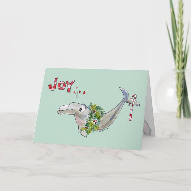 Joy Christmas Dolphin Porpoise of Life Green Holiday Card (Front)