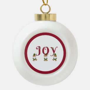 JOY Christmas Elves holding Letters Ceramic Ball Christmas Ornament