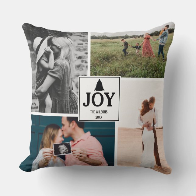 Joy Christmas Family Photo Collage Throw Pillow (Front)