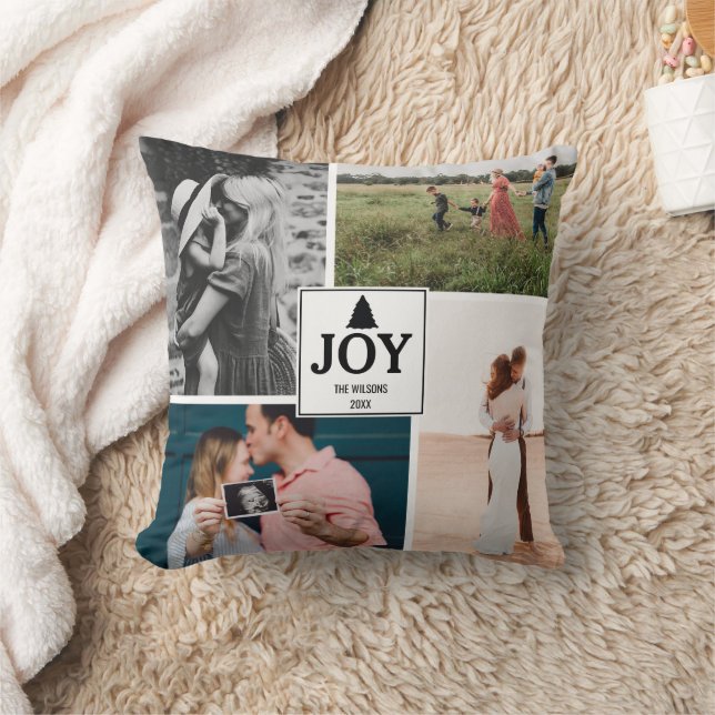Joy Christmas Family Photo Collage Throw Pillow (Blanket)