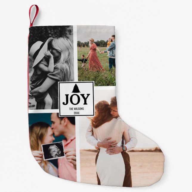Joy Christmas Family Photo Collage Xmas Small Christmas Stocking (Front)