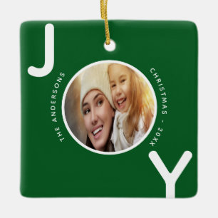 Joy Christmas family photo green modern Ceramic Ornament