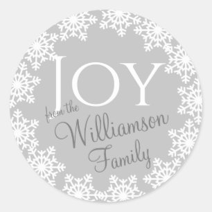 JOY Christmas Family Silver Grey White Snowflake Classic Round Sticker