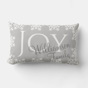 JOY Christmas Family Silver Grey White Snowflake Lumbar Pillow
