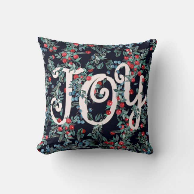 Joy! Christmas festive red berries pattern Throw Pillow (Front)