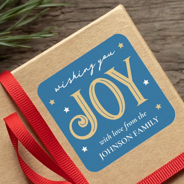 Joy Christmas Festive Typography Custom Name Blue Square Sticker (Creator Uploaded)