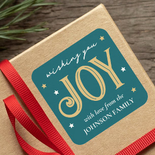 Joy Christmas Festive Typography Custom Name Teal Square Sticker