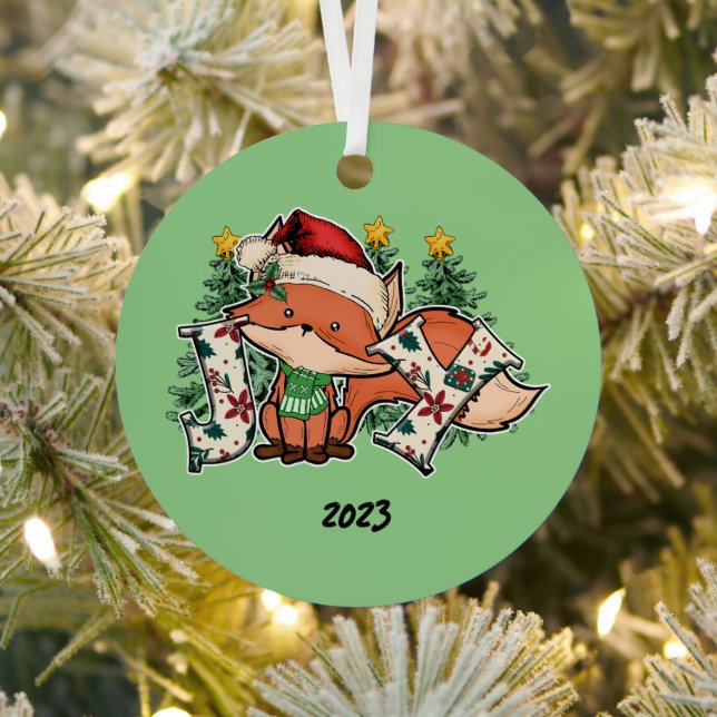 Joy Christmas Fox Metal Ornament (Insitu)