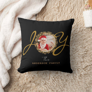 Joy Christmas Gold Photo Black Throw Pillow