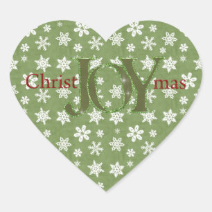 Joy Christmas Green and White Snowflakes Heart Sticker
