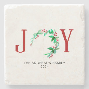 Joy Christmas Half Wreath Holiday Watercolor Stone Coaster