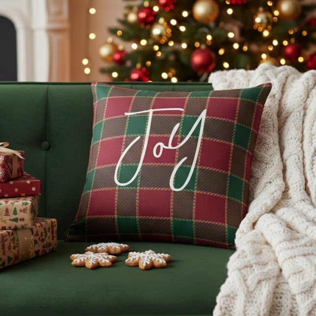 Joy Christmas Holiday Red & Green Tartan Pattern Throw Pillow (Joy Christmas Holiday Red & Green Tartan Pattern Throw Pillow
)