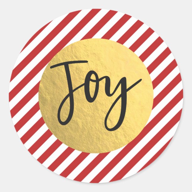 JOY Christmas Holiday Red White Stripes Gold Foil Classic Round Sticker (Front)