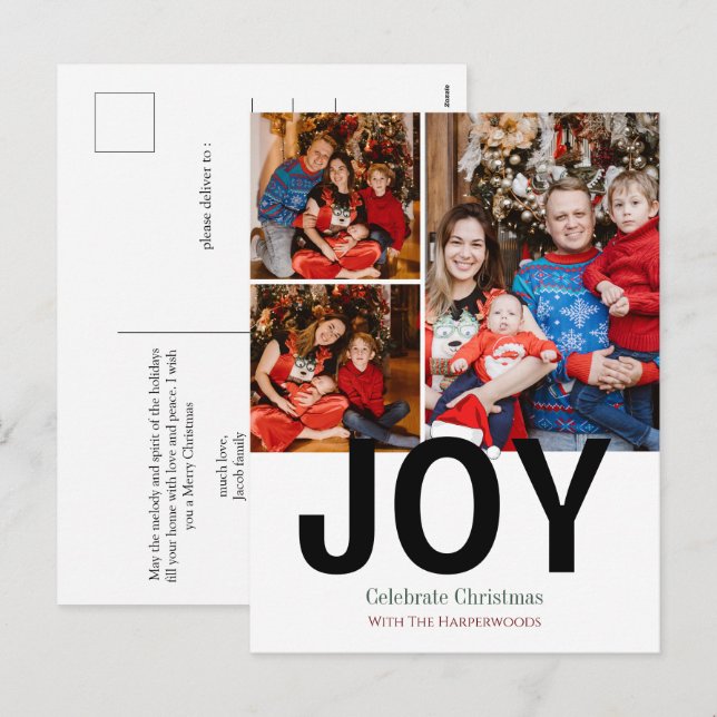 Joy Christmas holidays Modern Typography 3 Photo Holiday Postcard (Front/Back)