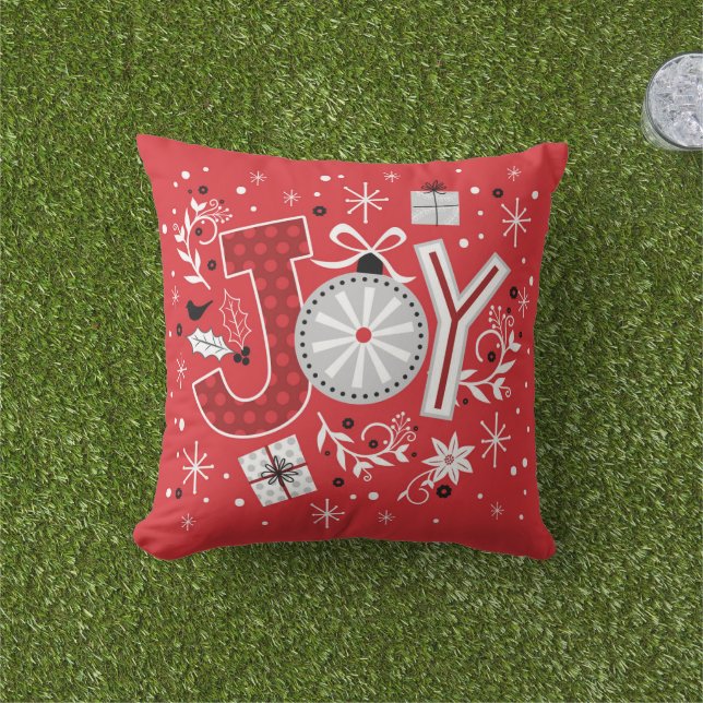 Joy Christmas Holidays Red Festive Winter Outdoor Pillow (Grass)