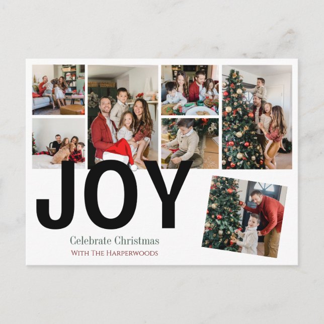 Joy Christmas holidays Script Family Photo Collage Holiday Postcard (Front)