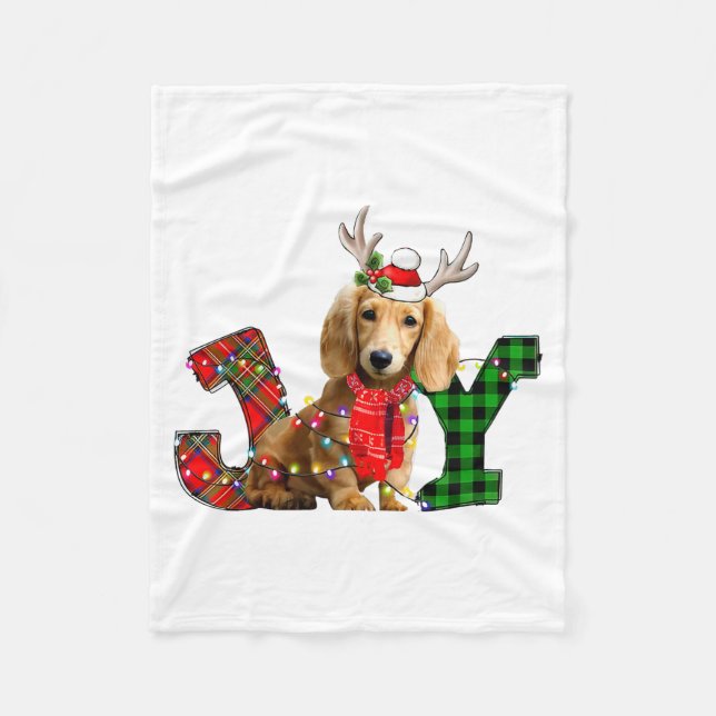 Joy Christmas Lights Long Haired Dachshund Dog San Fleece Blanket (Front)