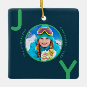 Joy Christmas photo blue green modern monogram Ceramic Ornament