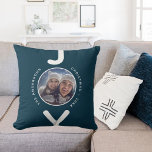 Joy Christmas photo blue white simple minimalist Throw Pillow<br><div class="desc">A modern minimalist Christmas pillow in blue and white.  A classic blue background,  with the word JOY written with white bold letters.  The letter O is used as a photo frame. Personalize and add your own family photo,  name and year.</div>