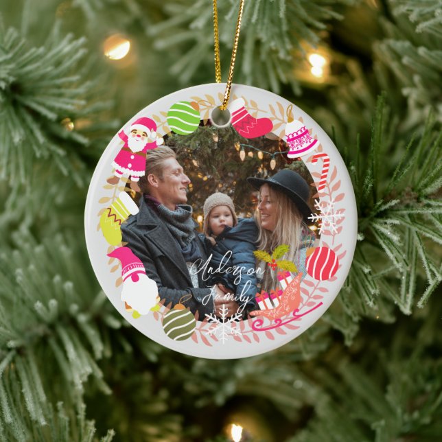 Joy Christmas Photo Grey Ceramic Ornament (Tree)