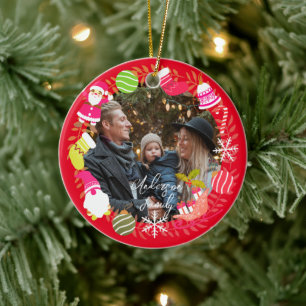 Joy Christmas Photo Red Ceramic Ornament
