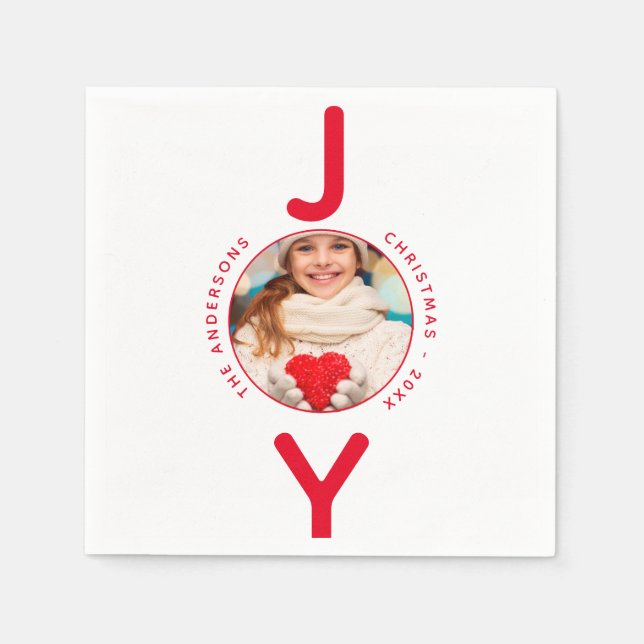 Joy Christmas photo white red simple modern Napkin (Front)