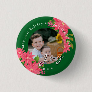 Joy Christmas Poinsettia Photo Green 1 Inch Round Button