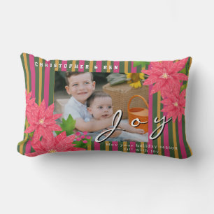 Joy Christmas Poinsettia Photo Red Green Yellow Lumbar Pillow