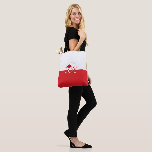 Joy Christmas Red and White Tote Bag (On Model)