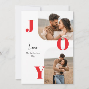 JOY Christmas   Red Clean Modern 2 Photo Family Holiday Card